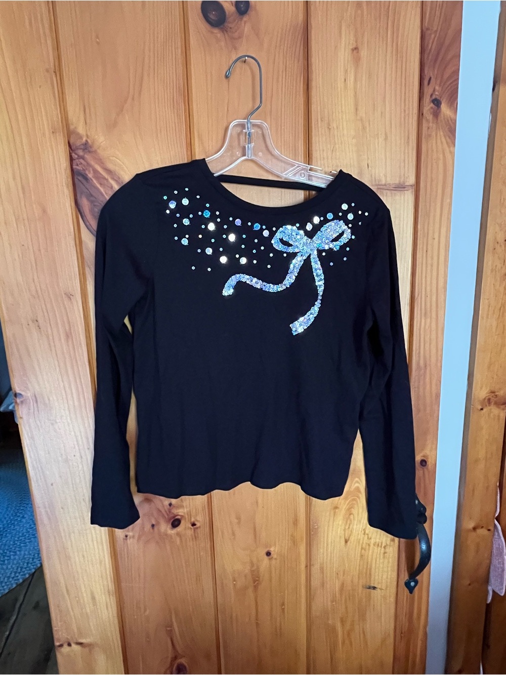 Place Black Long-Sleeve Tee with Blue Sequin Bow